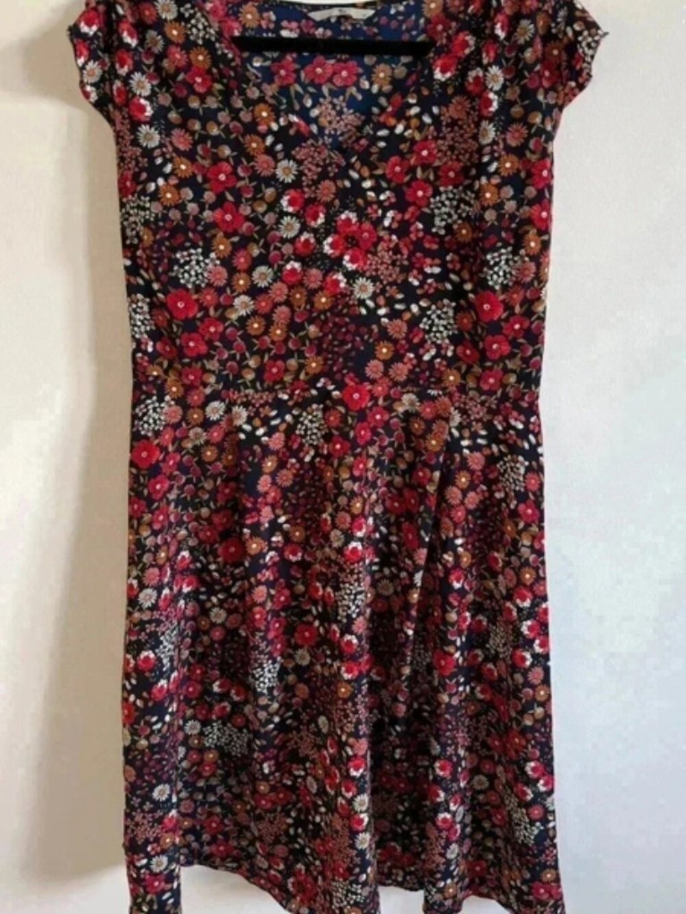 TU navy red floral midi dress Size 14 ruffle cap sleeve